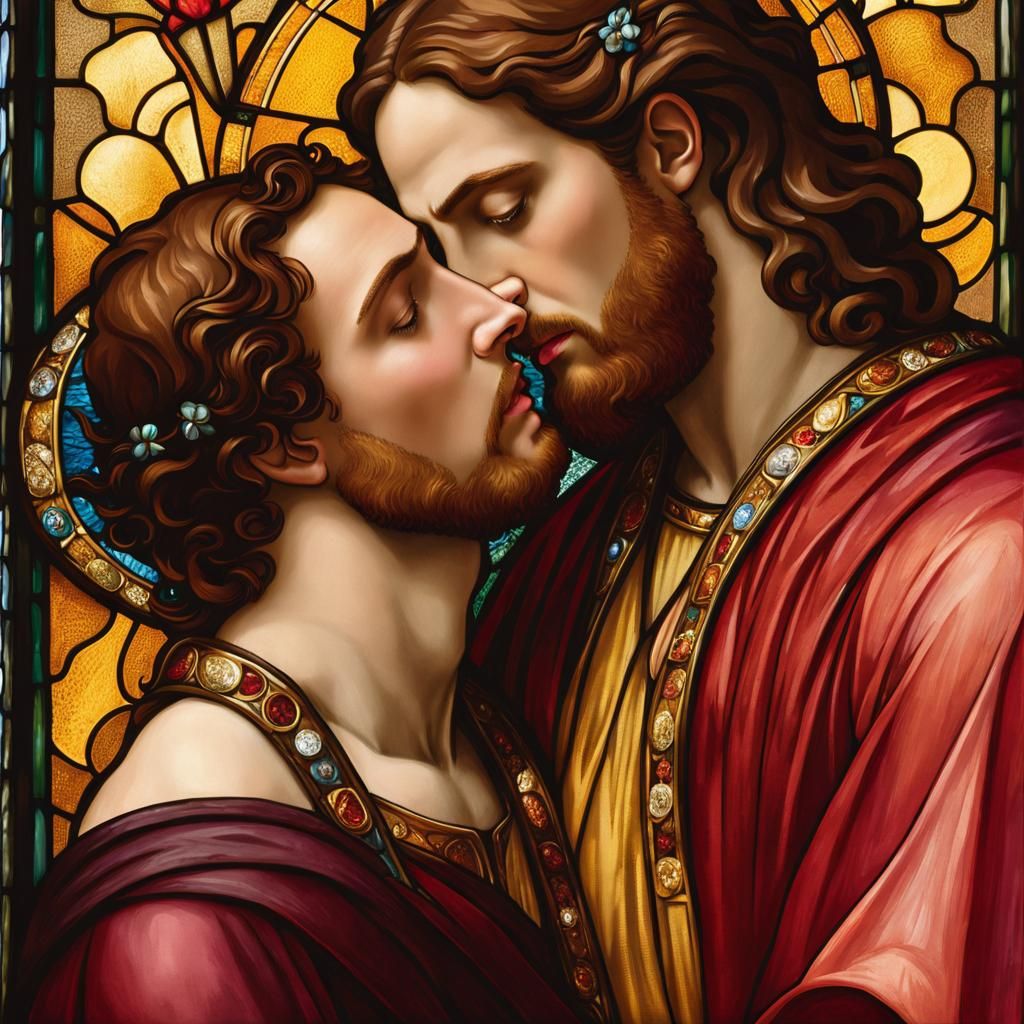 Passionate Kiss in Stained Glass Style