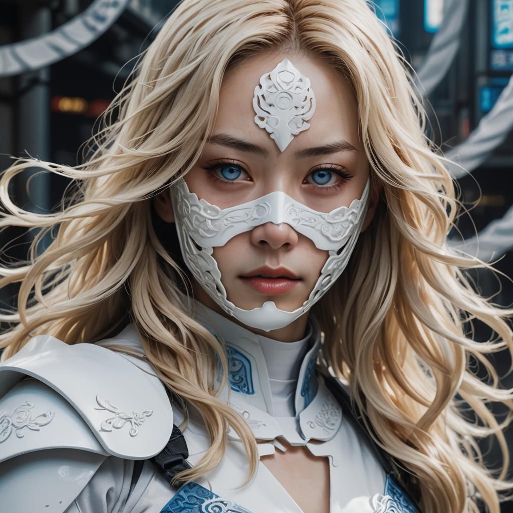 Japanese Woman with Mask: Hyperrealistic Digital Portrait