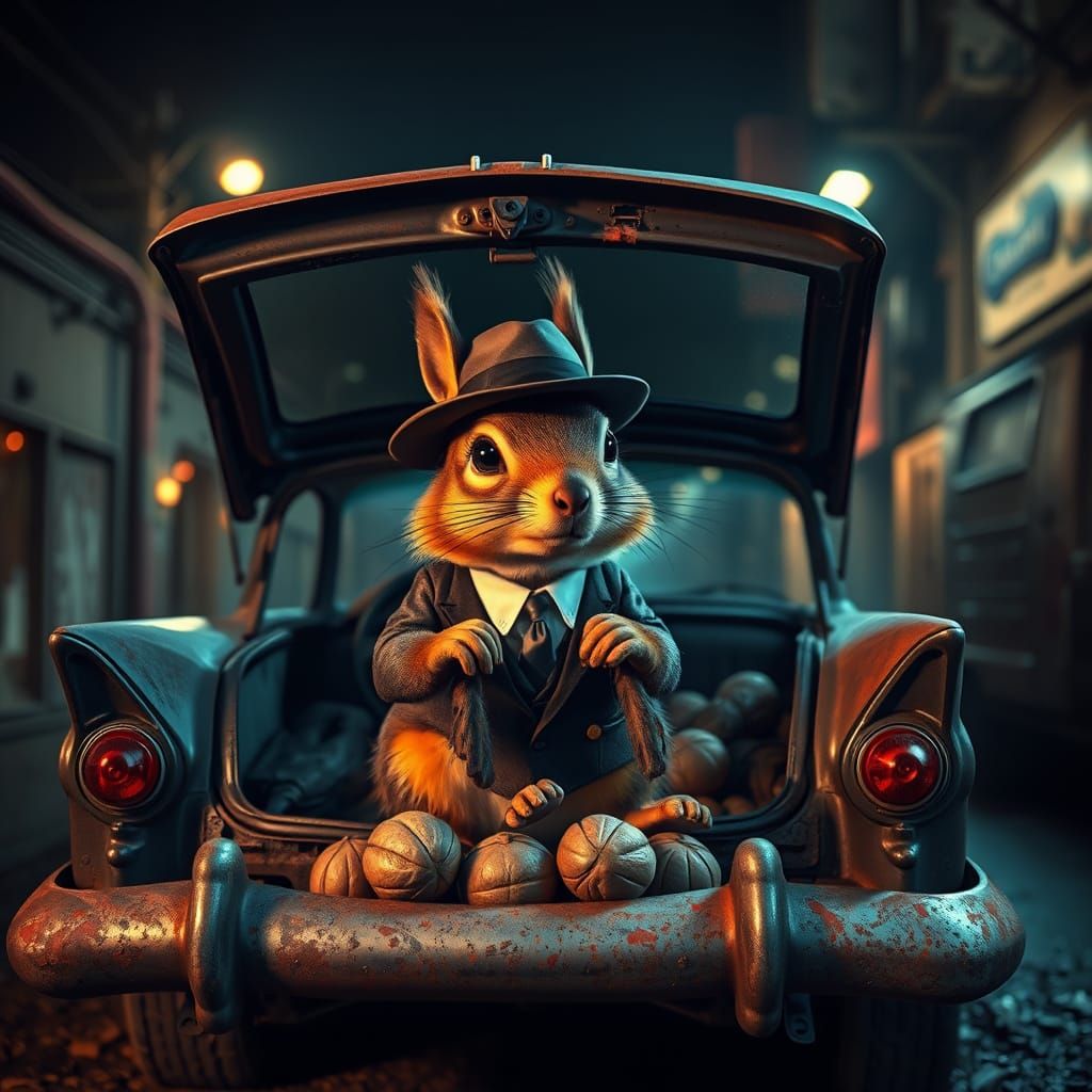 A mischievous squirrel selling walnuts out of the trunk of h...