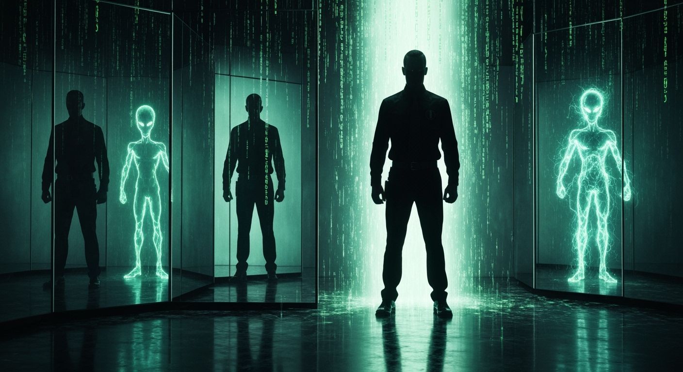 Men in Black Agent in Digital Storm of Green Code