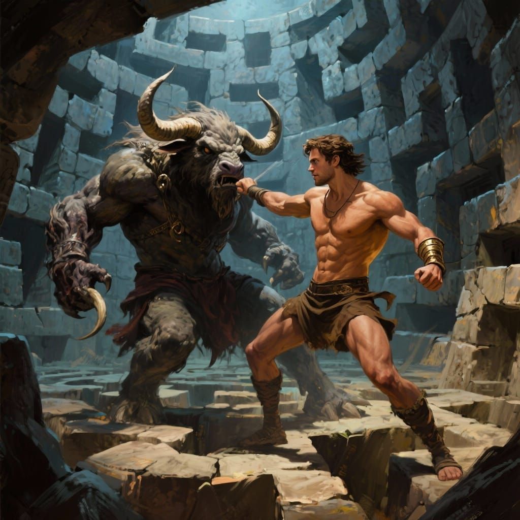 Theseus Fights Minotaur in Labyrinth