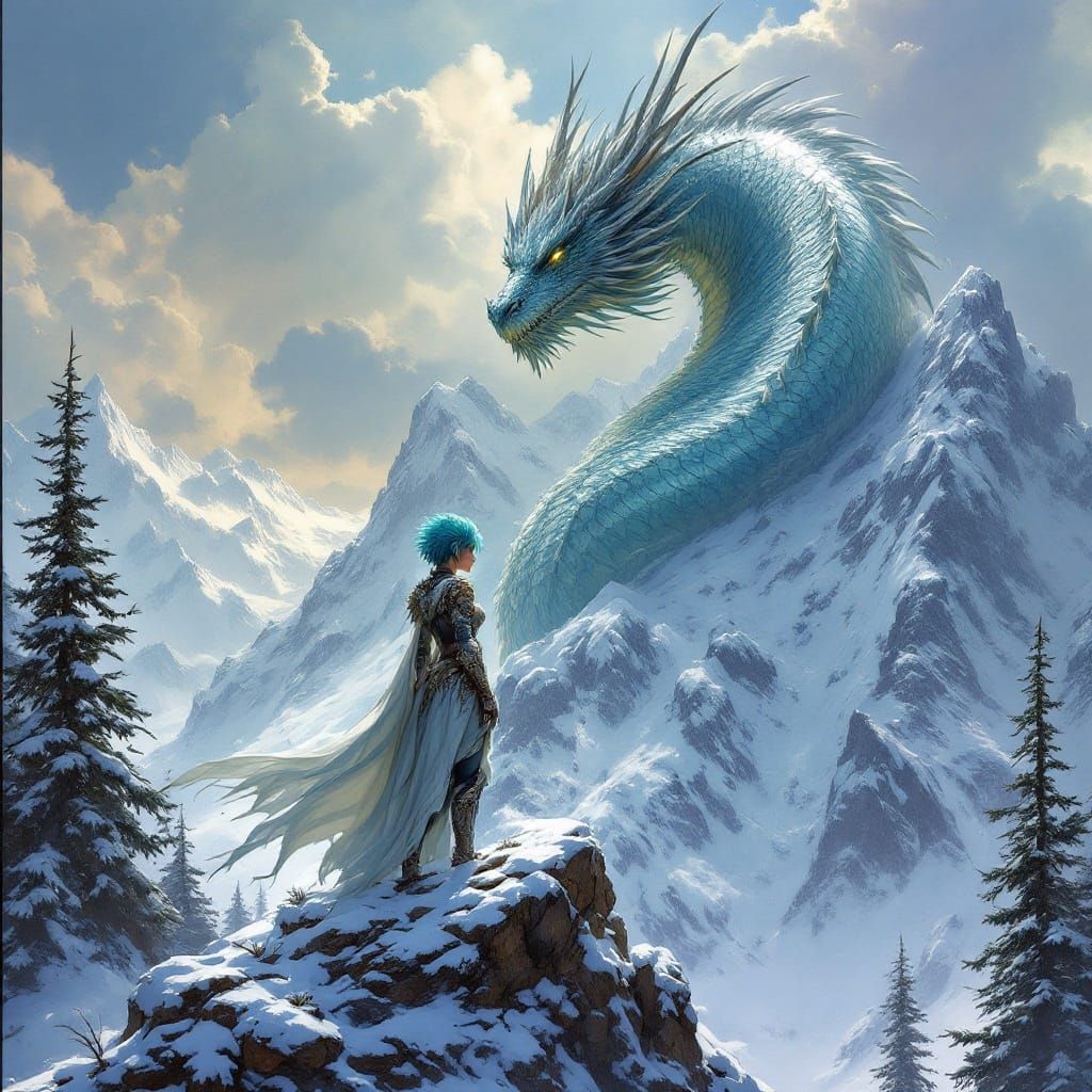 Epic Fantasy Dragon and Warrior on Snow-Capped Mountain