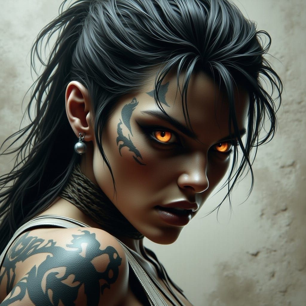 Fierce Tattooed Warrior Woman in Dark Fantasy Style