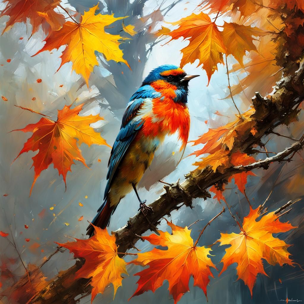 Duolingo Bird in Maple Tree Painting