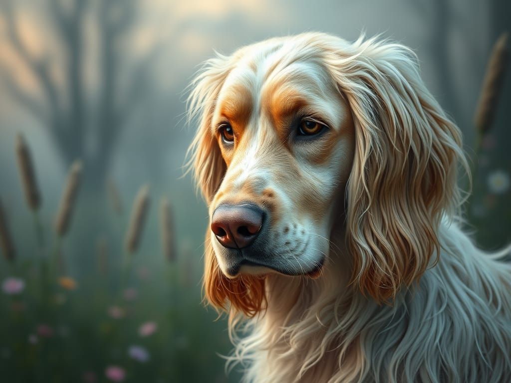 Ethereal English Setter in Misty Fantasy Landscape