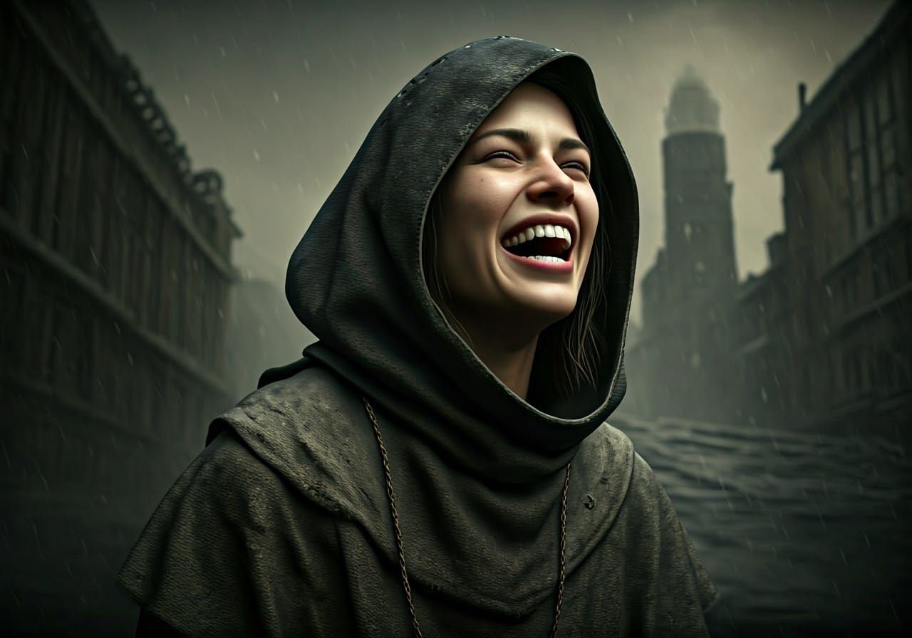 Laughing Woman in Gloomy Dystopian Cityscape