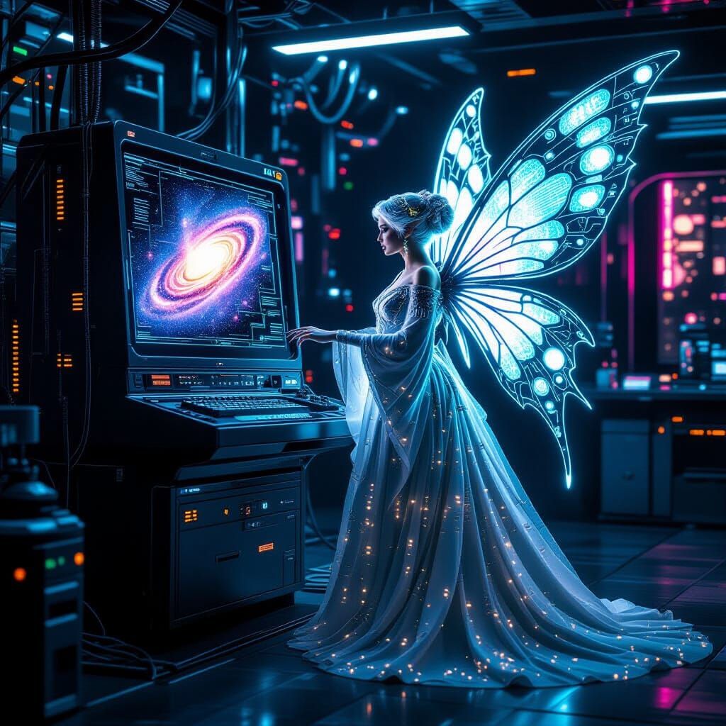 Cyberpunk Fairy in High-Tech Lab