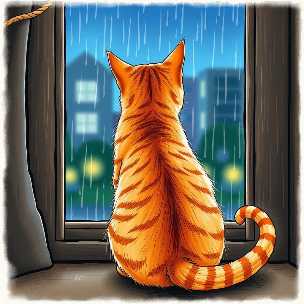 Orange Cat Watches Rain in Colored Pencil Style