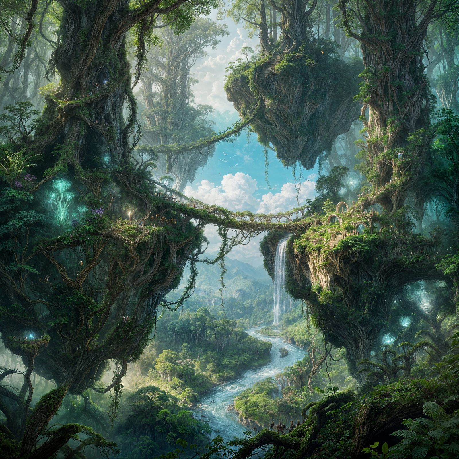 Ancient Forest on Floating Islands in Painterly Style