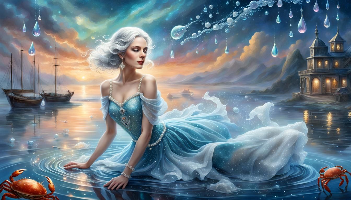 Ethereal Water Goddess with Pearls and Silver Hair