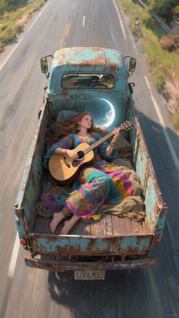 Woman Playing Guitar in Rusty Truck, Soft Oil Painting Style