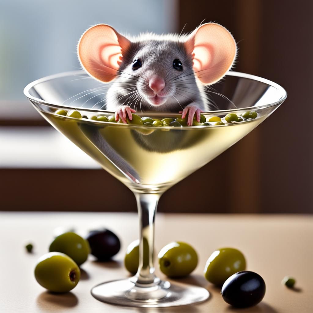Little mouse sitting inside a large martini glass.