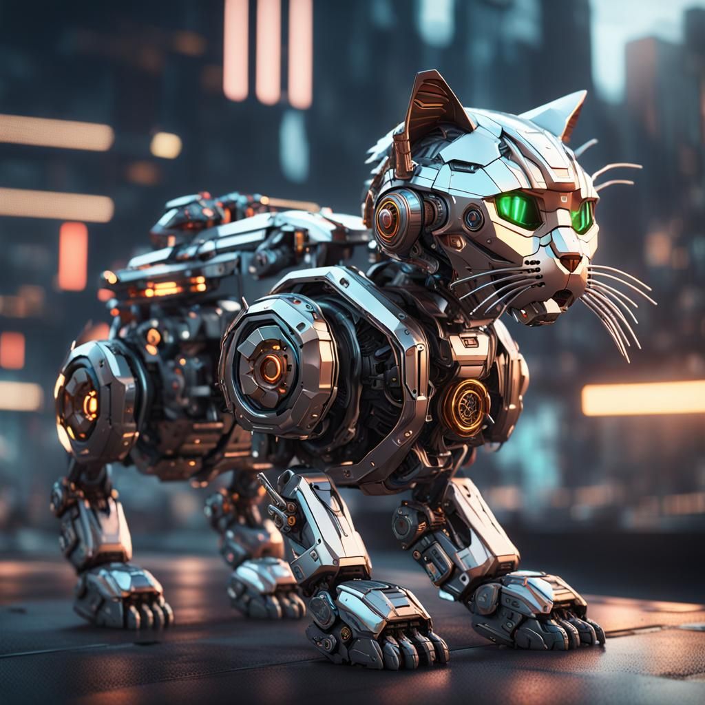 Futuristic Cyborg Kitty with Polished Metal Details
