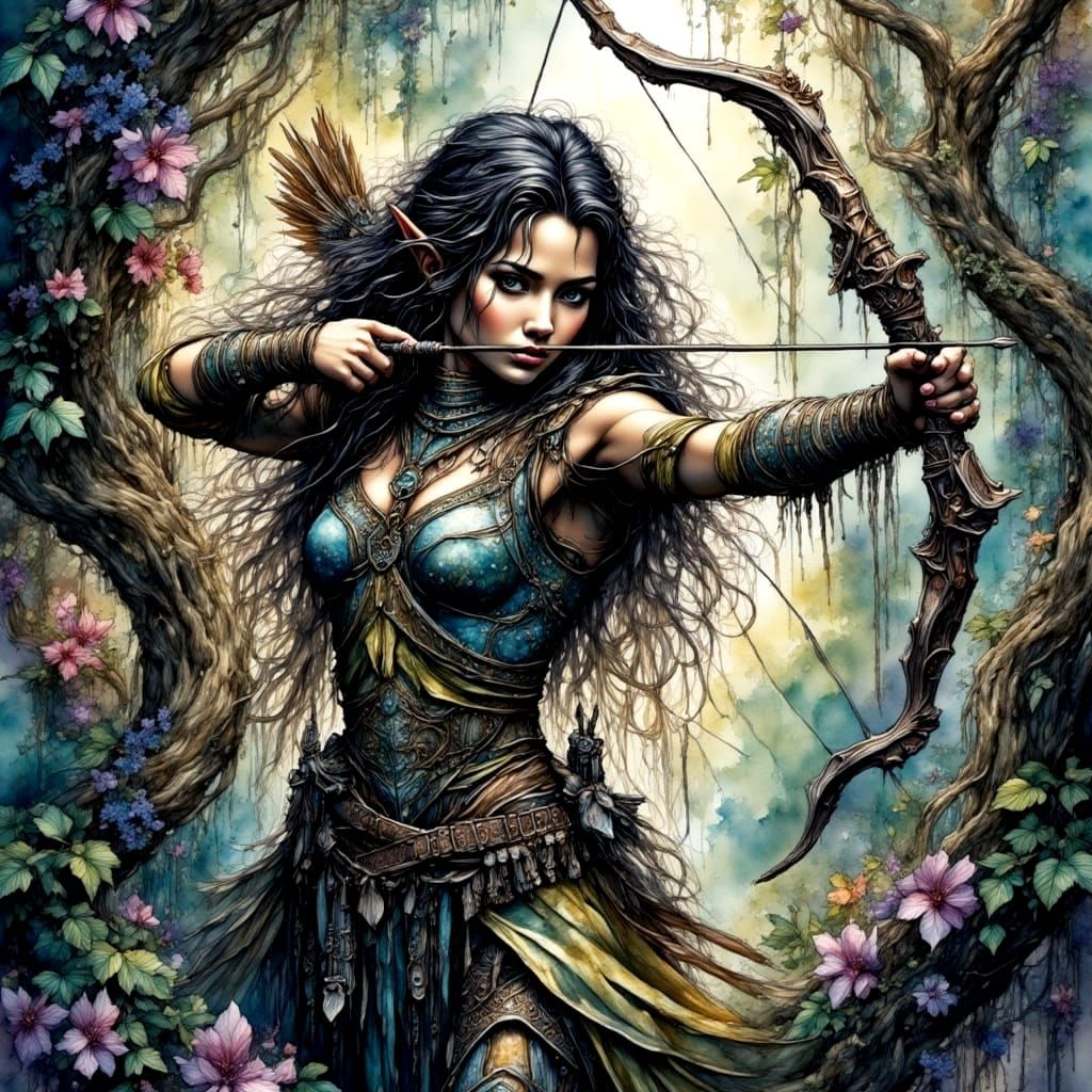 Ethereal Elven Archeress in Gritty Watercolor Fantasy