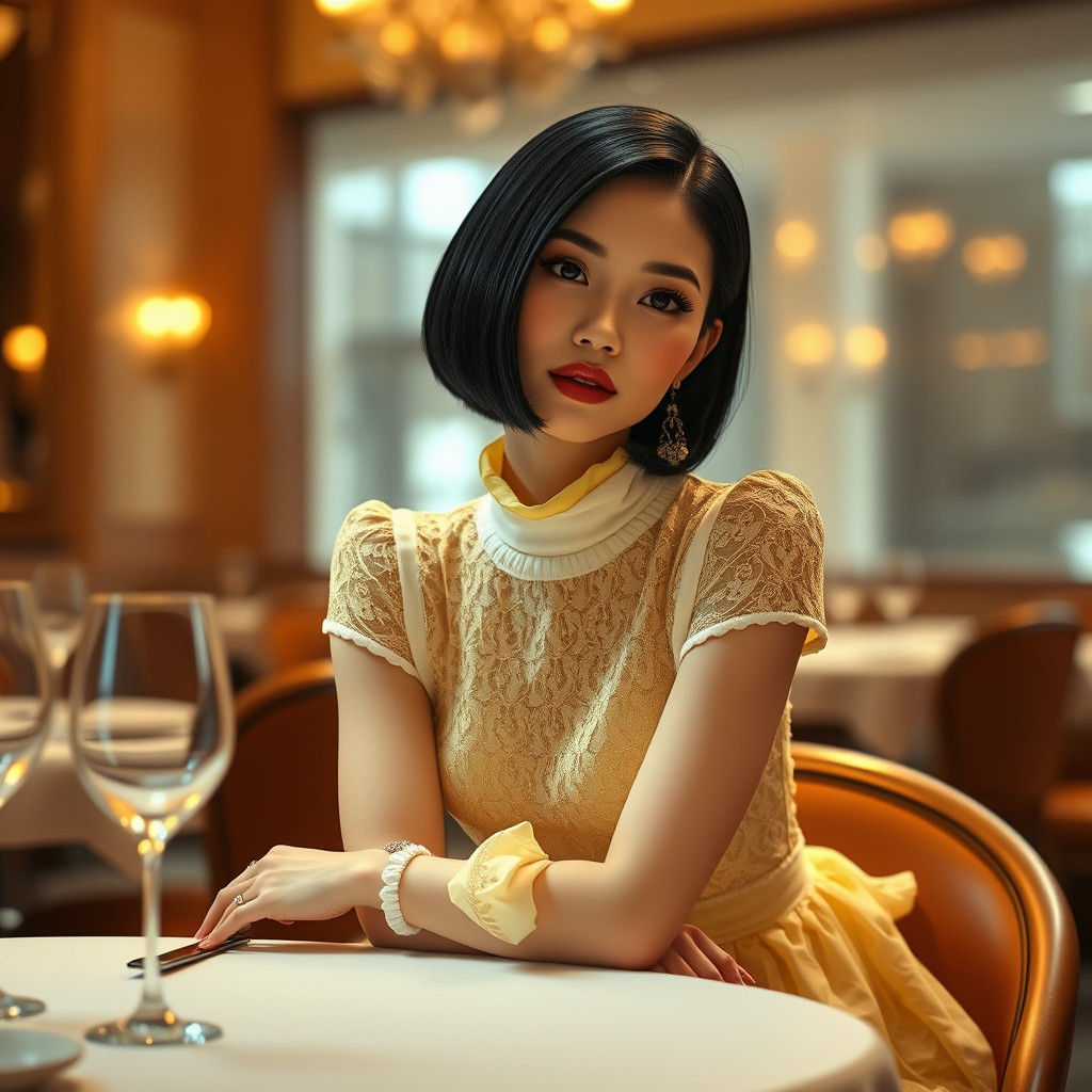 Elegant Woman in Yellow Lace Dress, Digital Art