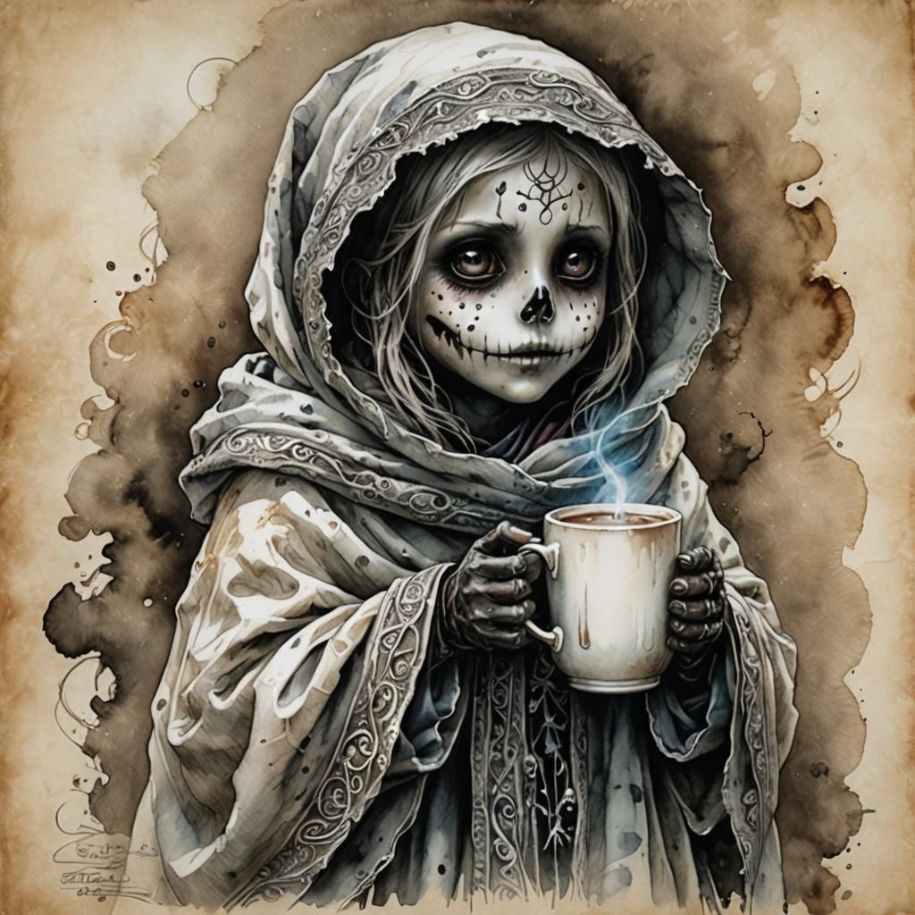 Cozy Ghost with Cocoa: Ink and Watercolor