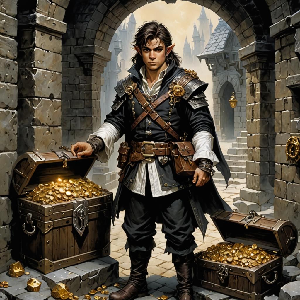 Halfling Thief in Dungeon with Treasure, Dark Fantasy Art