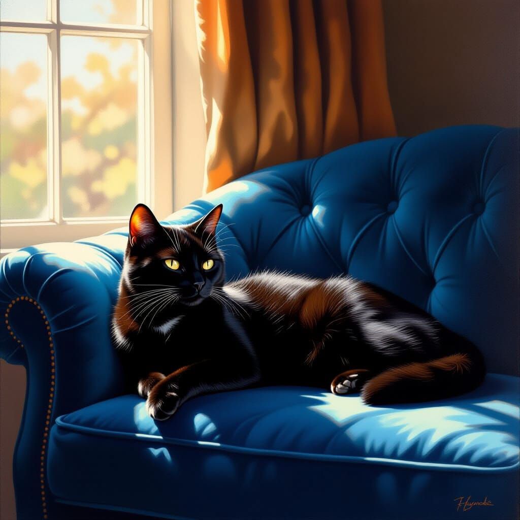 Black Cat Lounging on Blue Velvet Couch in Sunlight