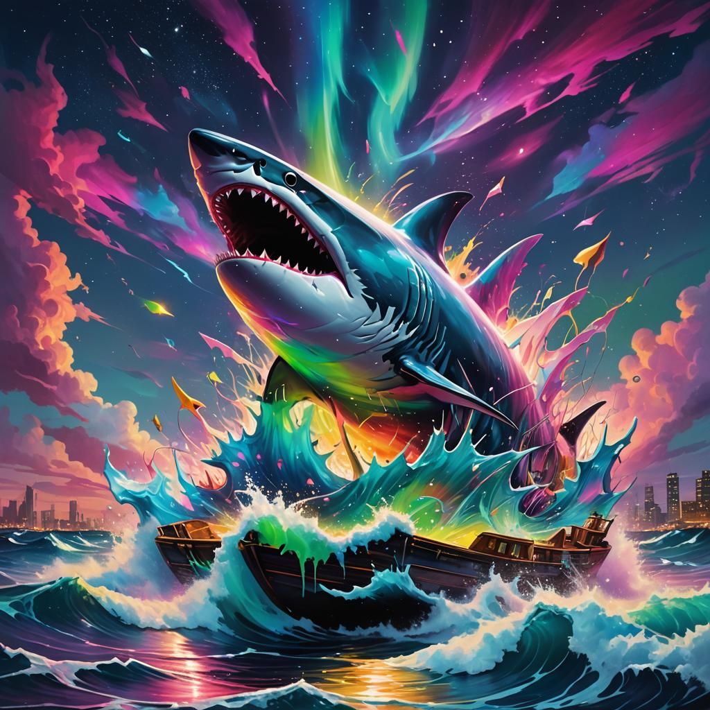 Shark Boat Smashing Waves Under Aurora, Graffiti Art