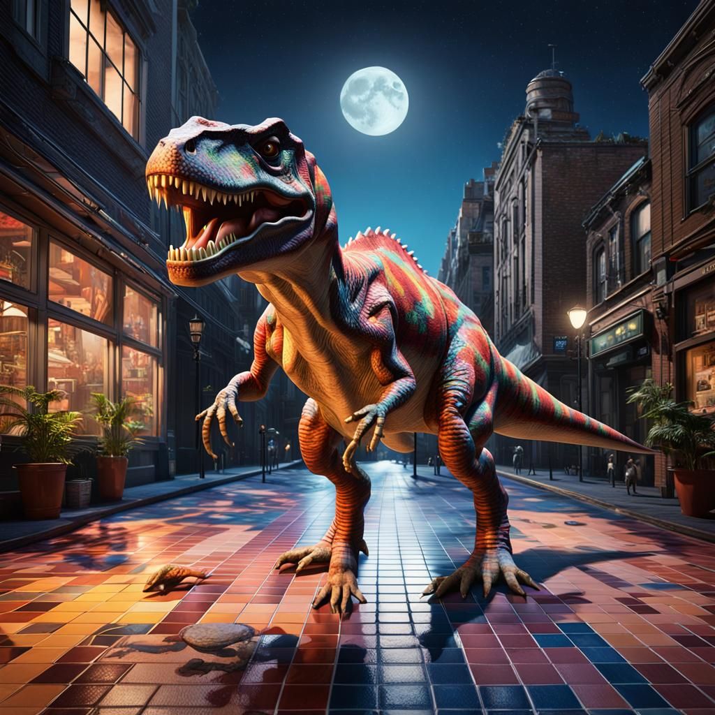 T-Rex in Clowncore Cityscape, Contemporary Realism Style
