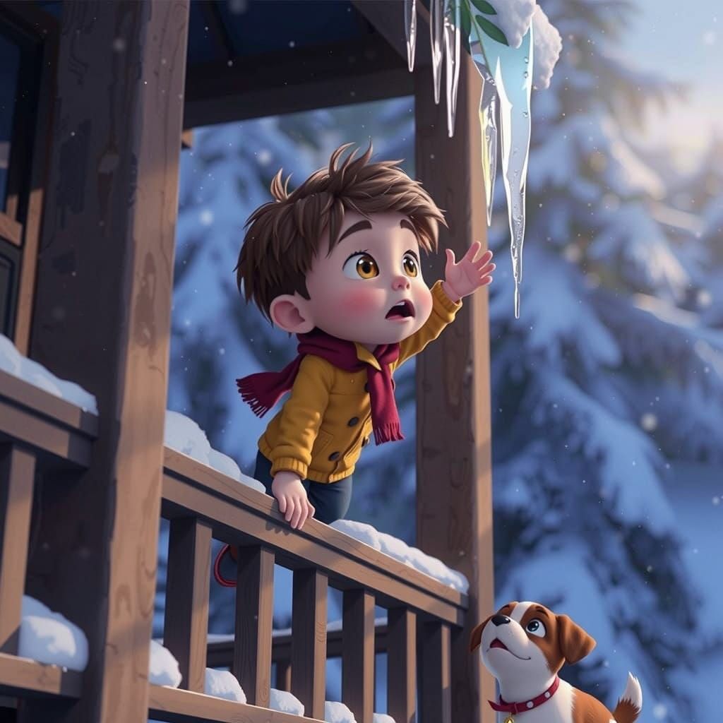 Chibi Boy Reaches for Sparkling Icicle in Winter Wonderland