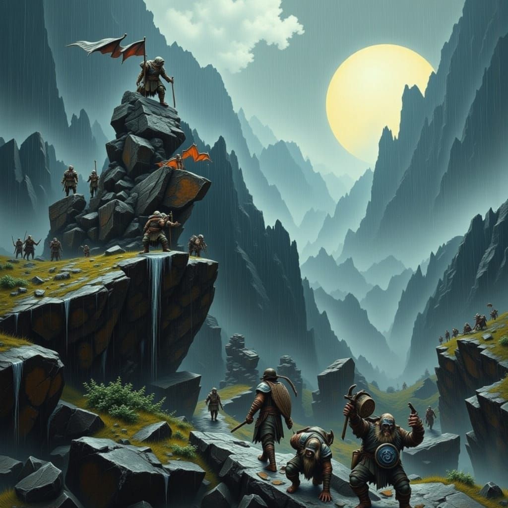 Dwarf War Party Climbs Mountain in Heavy Rain