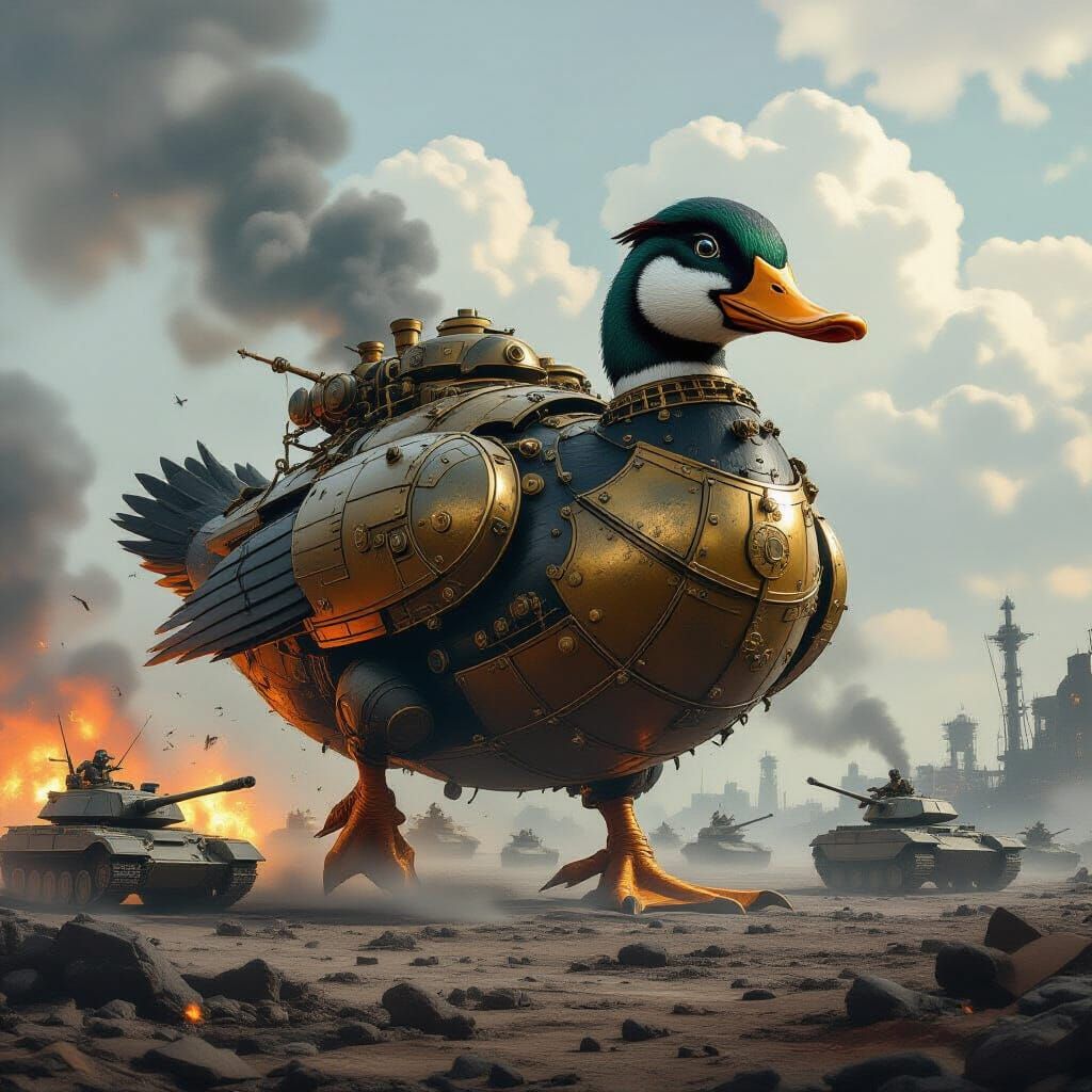 Steampunk War Duck Crushes Tanks on Battlefield