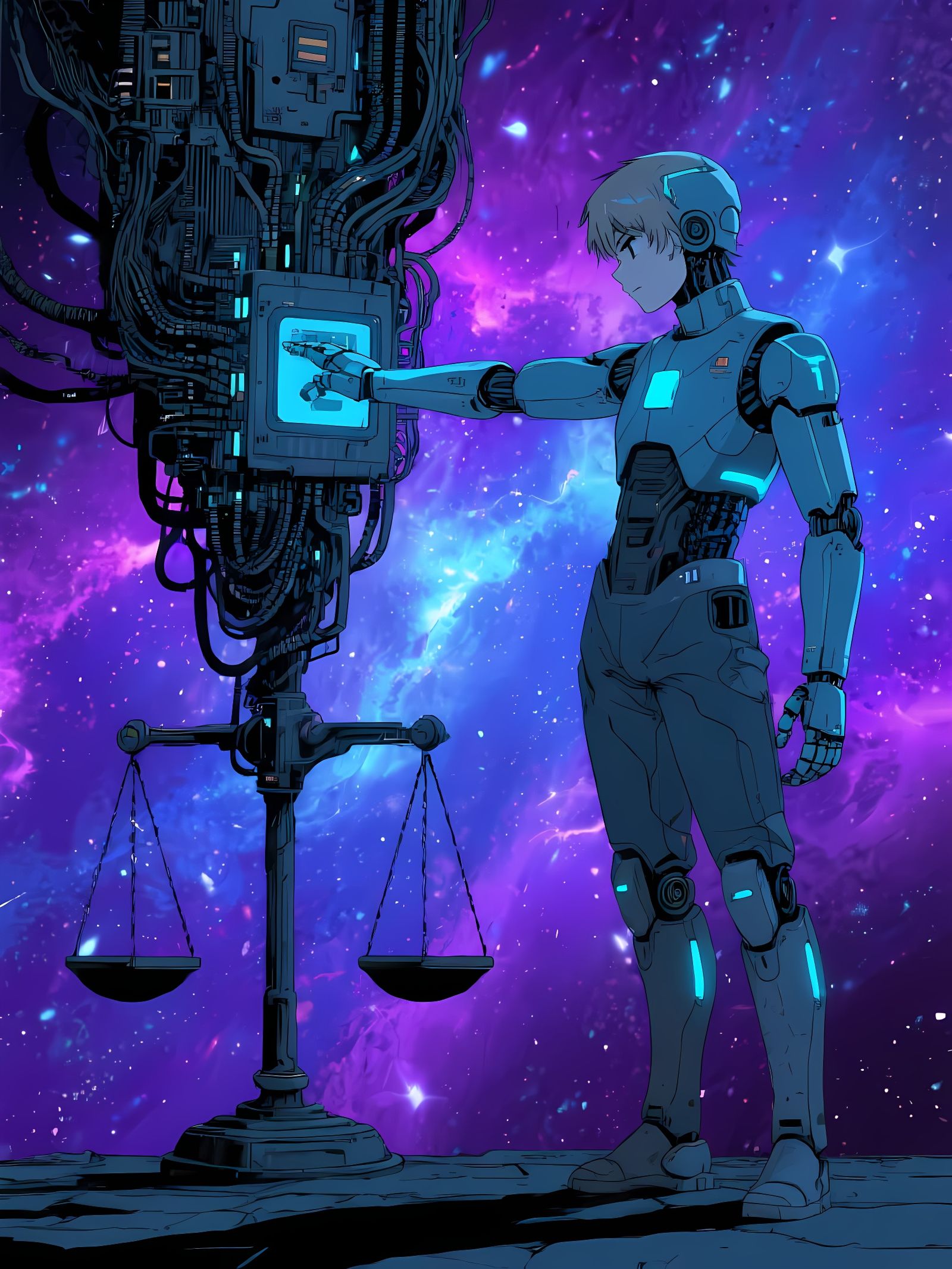 Retro Anime Android Reaching into Terminal