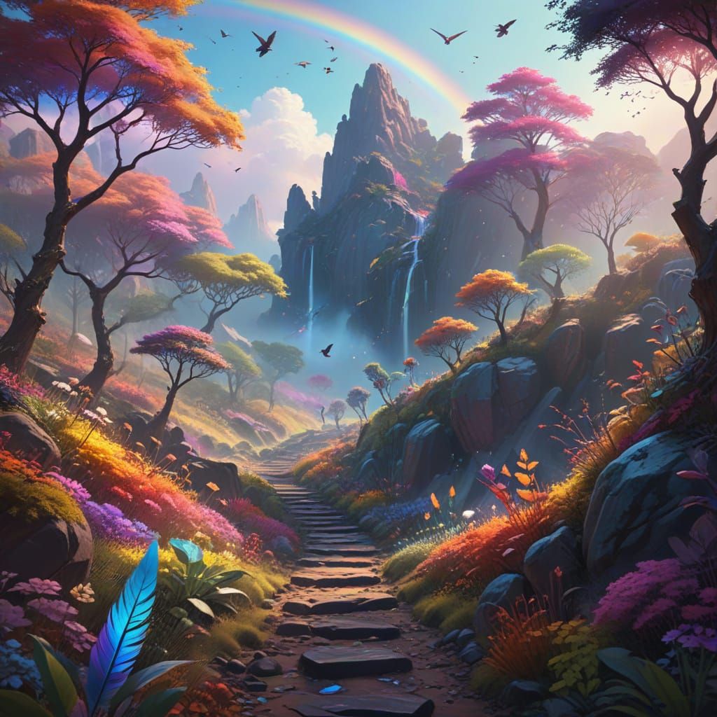 Rainbow Valley: Whimsical Fantasy Landscape in Digital Art