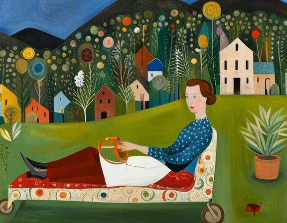 Abstract Lawn Mowing Scene, Colorful Art