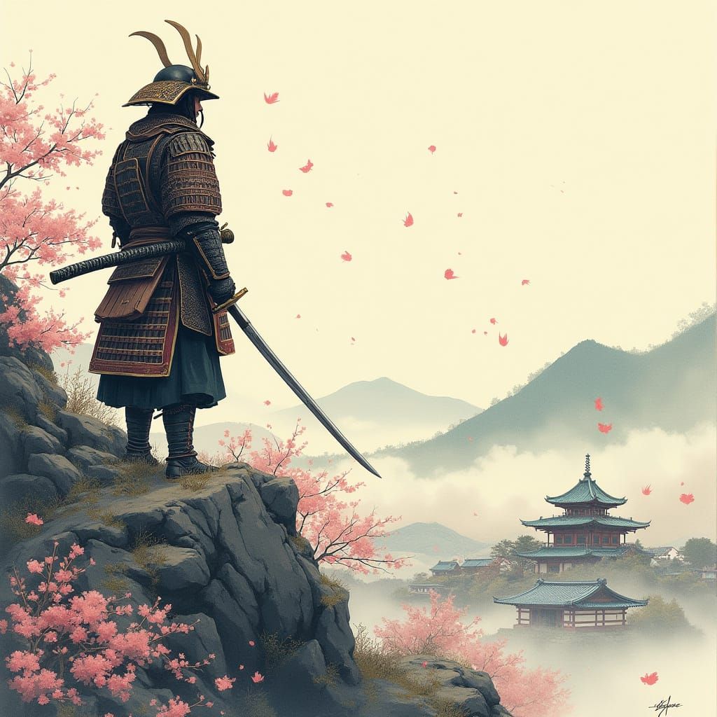 Samurai on Windswept Mountain in Japanese Art Style