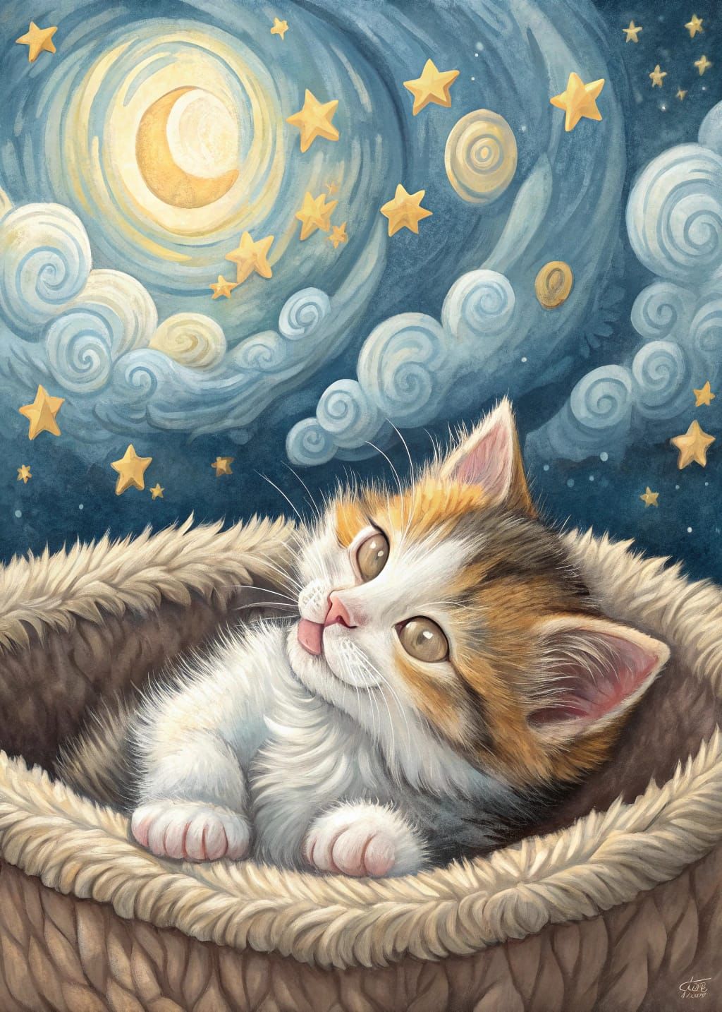 Whimsical Calico Kitten in a Dreamy Starry Night Scene