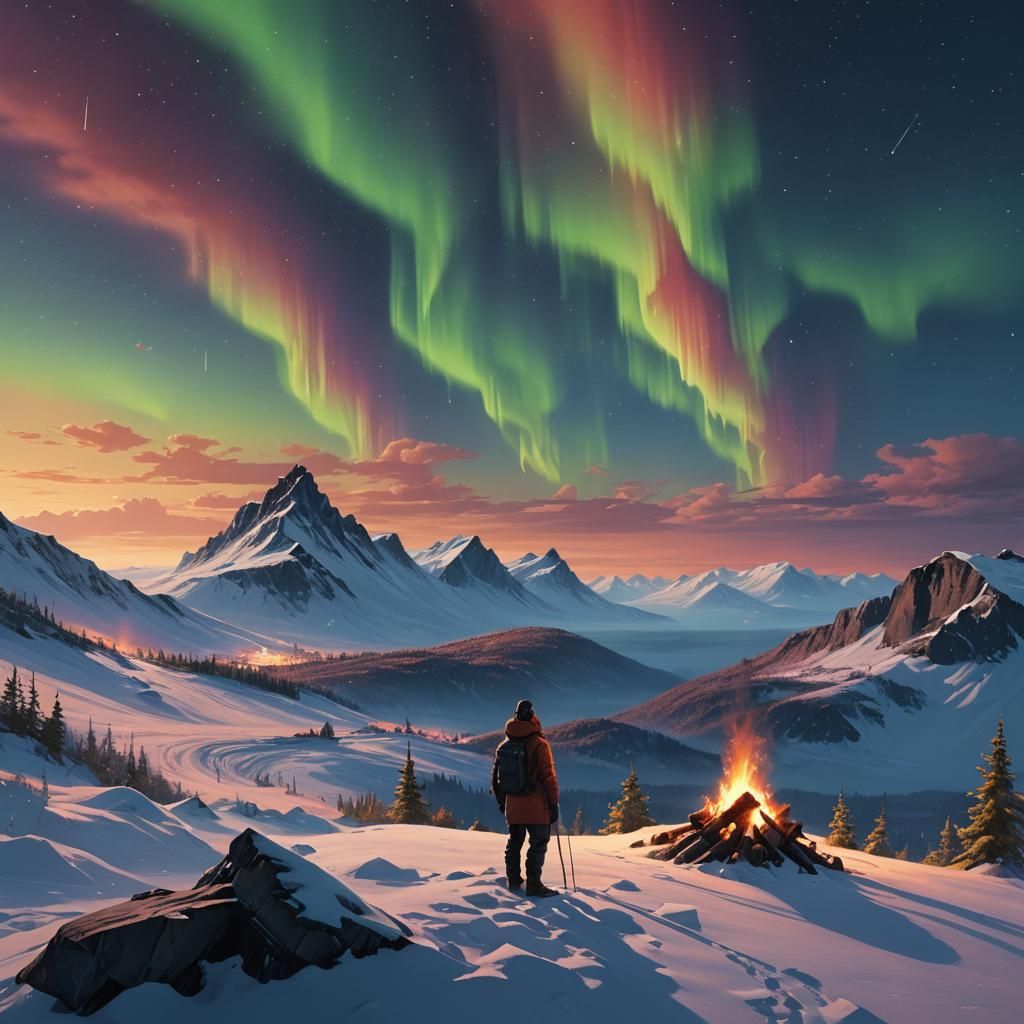 Explorer Gazing at Northern Lights: Matte Painting