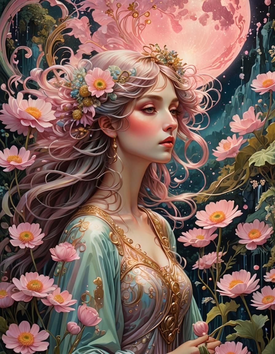 Mysterious Woman in Surreal Landscape: Oil Painting