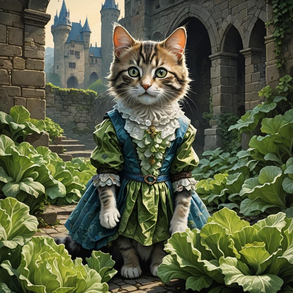Kitten in Lettuce Dress: Watercolor Concept Art