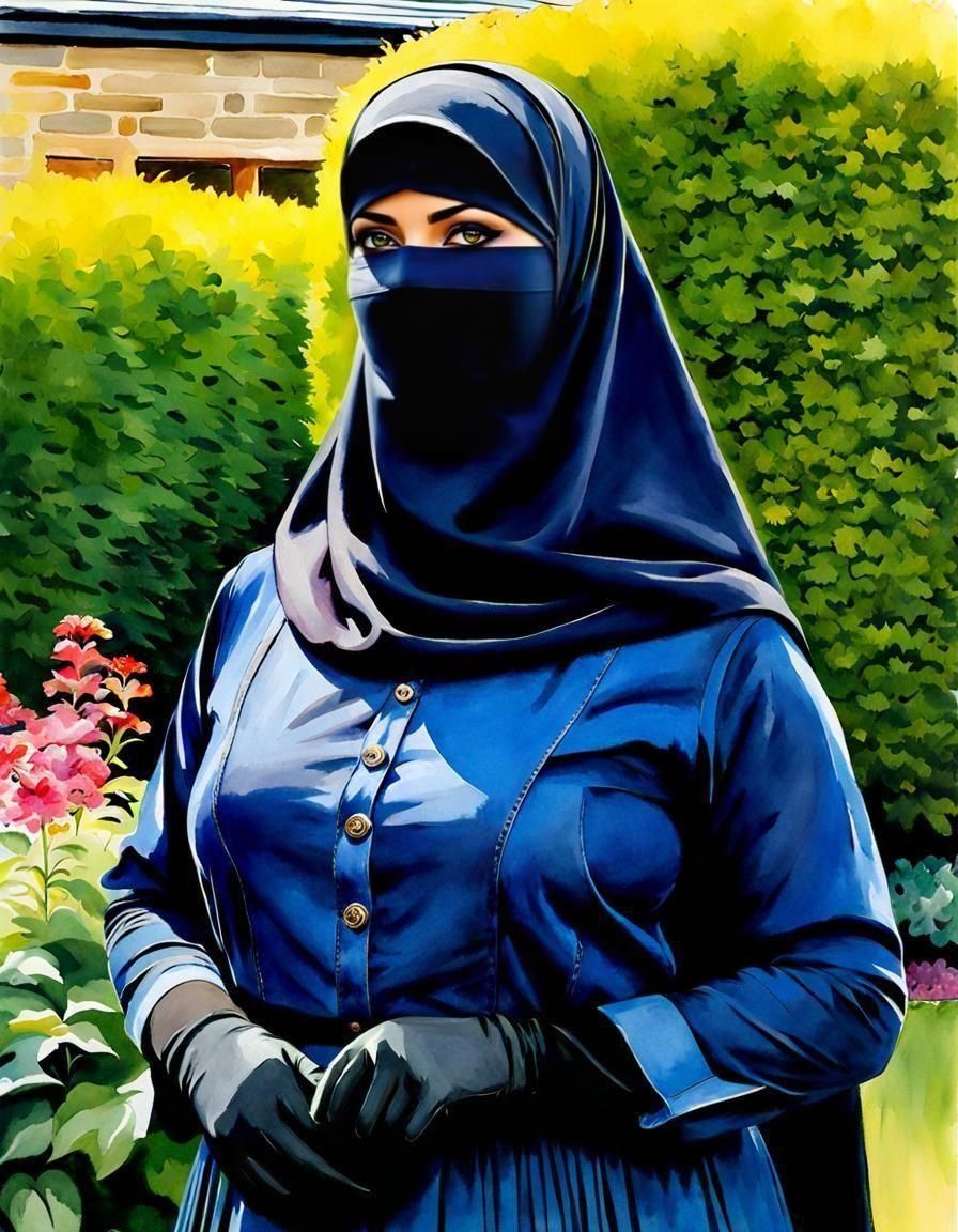 Niqabi Teacher Portrait in Watercolor Garden Setting