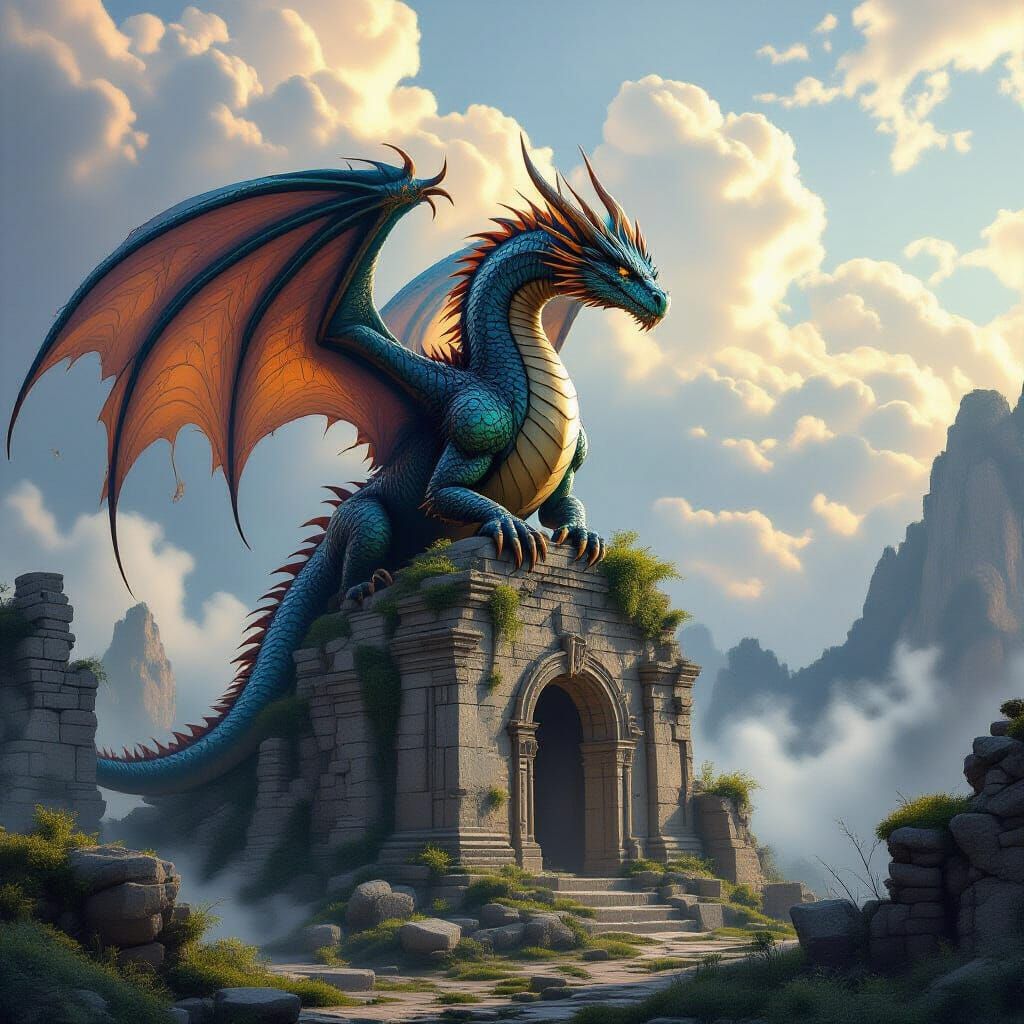 Majestic Dragon on Ancient Ruin in Fantasy Concept Art Style