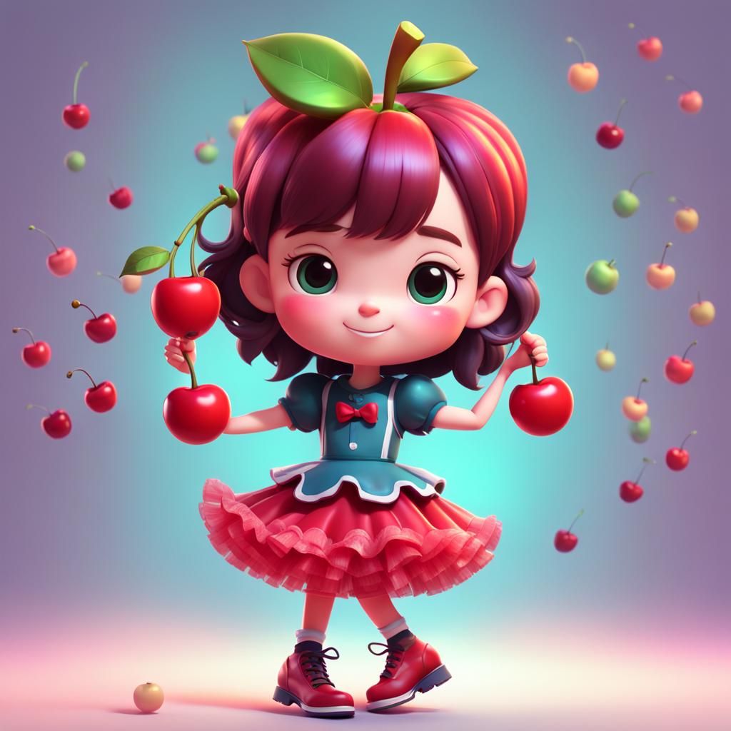 Chibi Cherry in Frilly Dress: 3D Digital Art