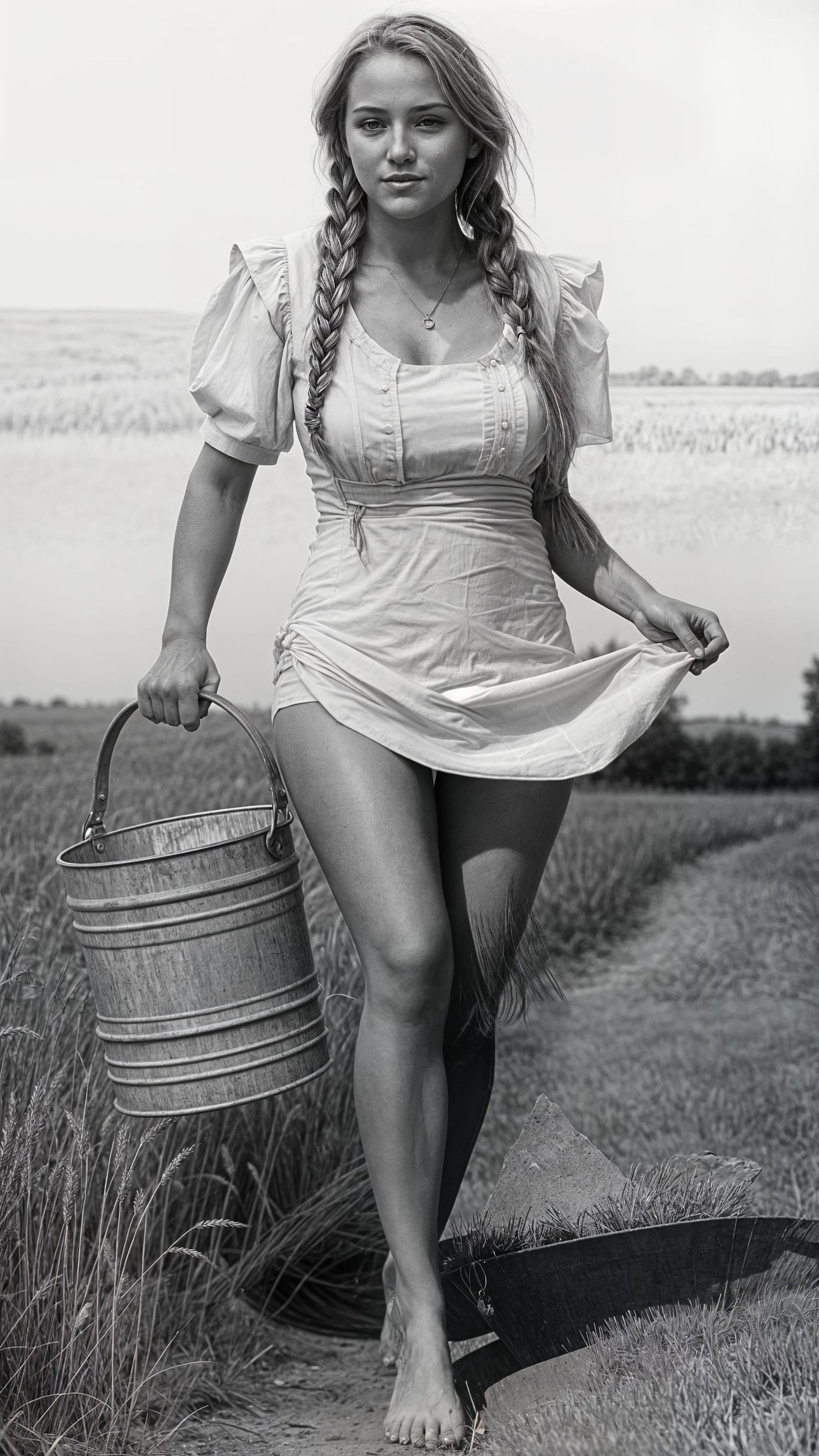 Vintage-Era B&W Portrait of a Blonde Woman in a Field