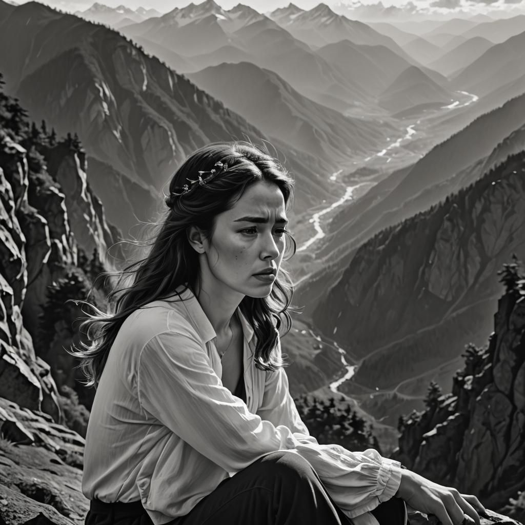 Monochrome Portrait of a Woman Crying on Mountain