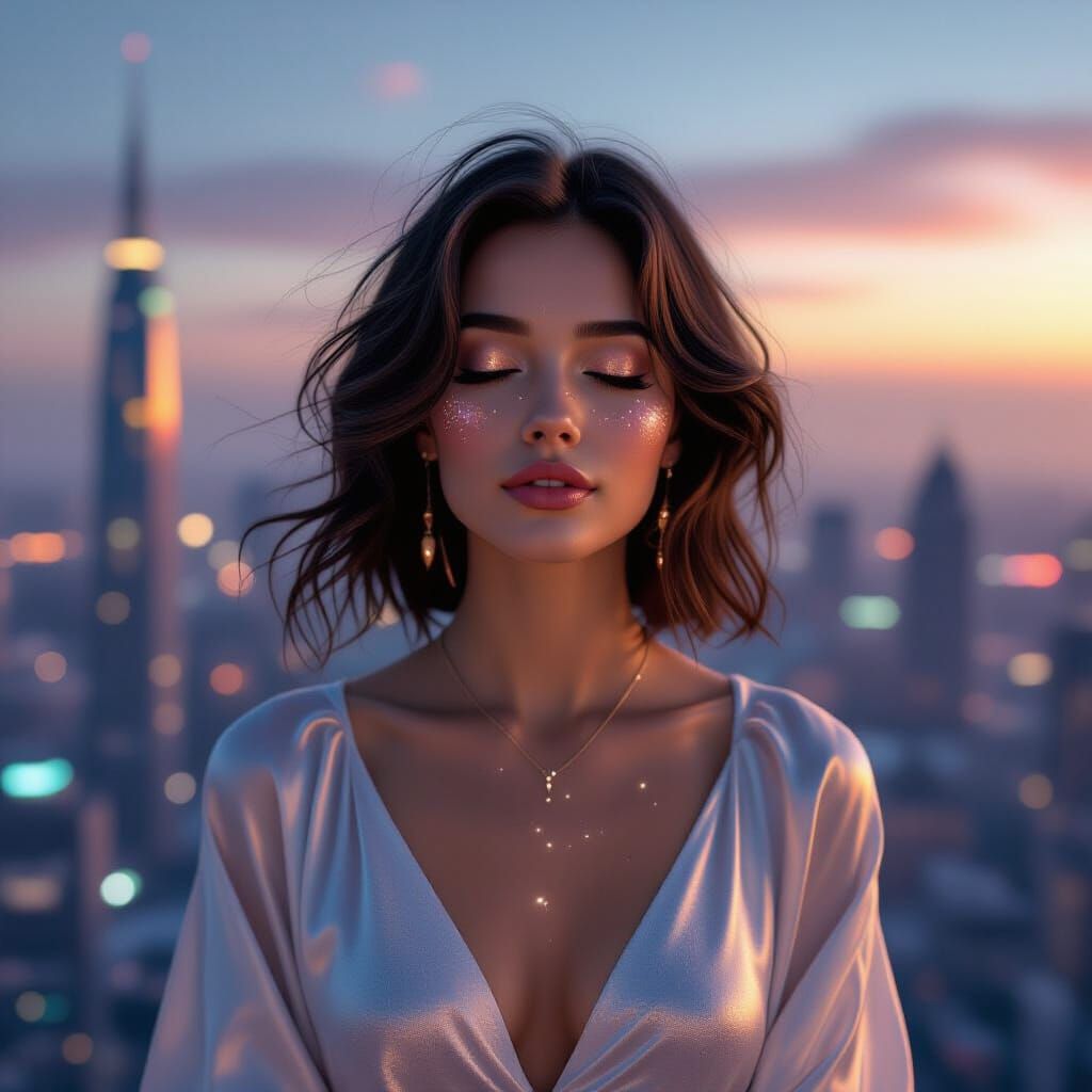 Woman with Stardust Hair Above Cyberpunk City