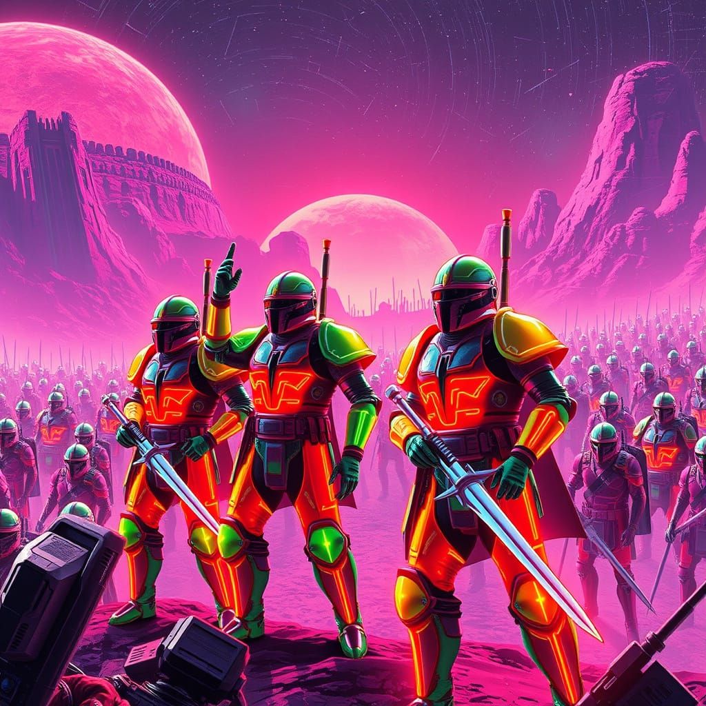 Neon Armored Knights in Synthwave Landscape