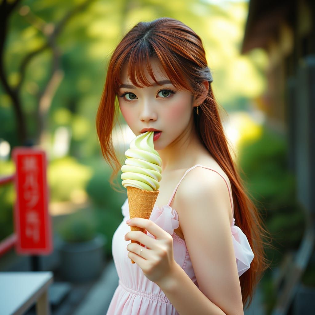 Japanese Woman Enjoys Ice Cream in Cinematic Style