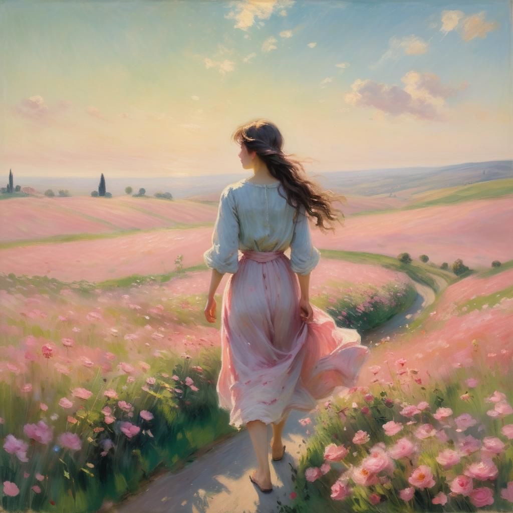 Impressionist Landscape with Pink Flowers in Warm Light