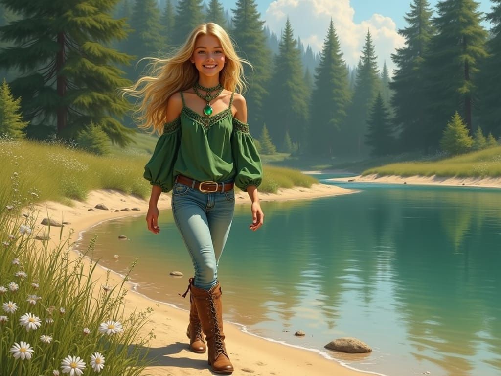 Dreamlike Portrait of a Radiant Flower Girl by a Serene Lake