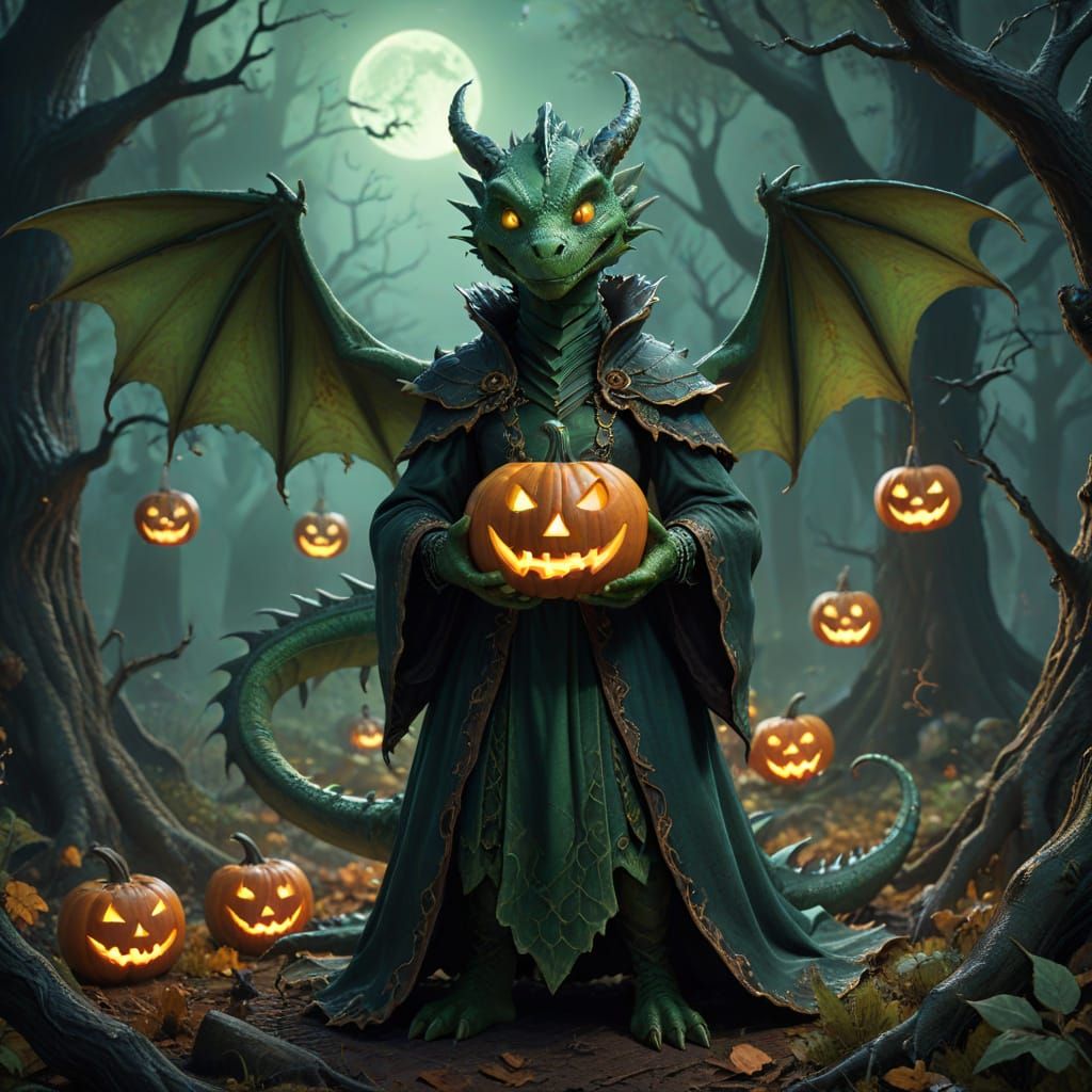 Friendly Green Dragon in Witch Costume with Jack-o'-Lantern