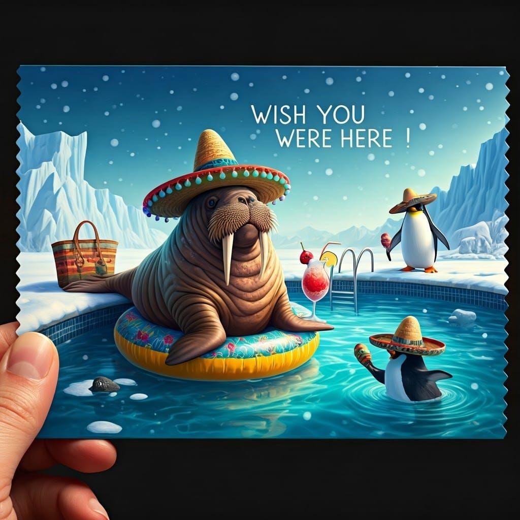 Walrus Wearing Sombrero on Snowy Postcard