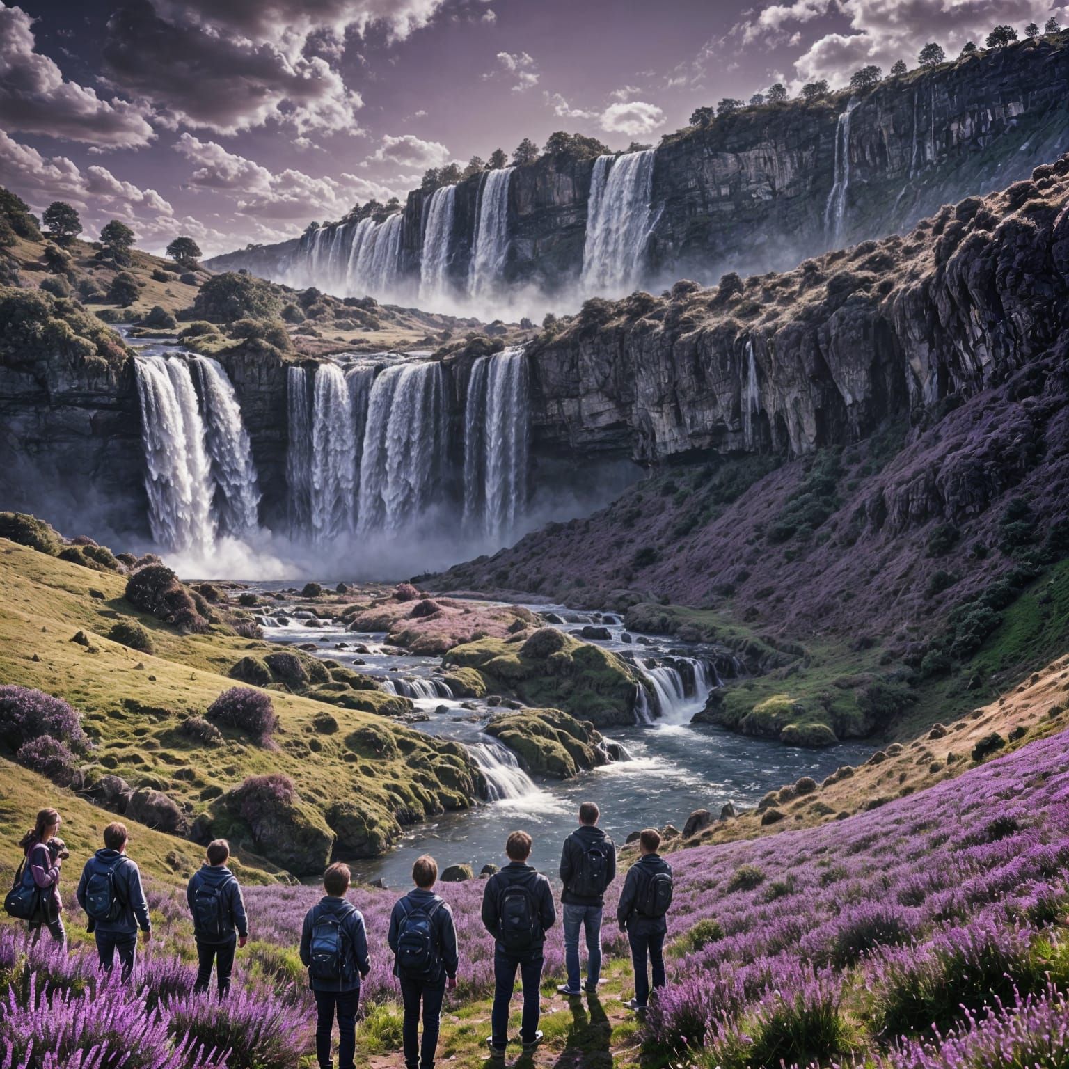 Waterfall in Sky Over Purple Field