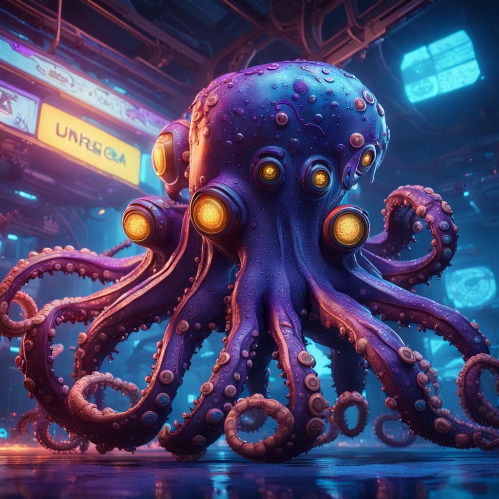Colorful Octopus Juggling Objects in Sci-Fi Scene