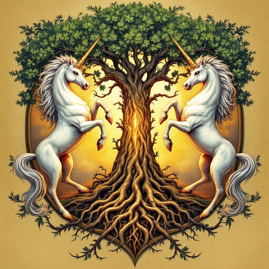 Medieval Fantasy Crest with Tree of Life and Unicorns in Gol...